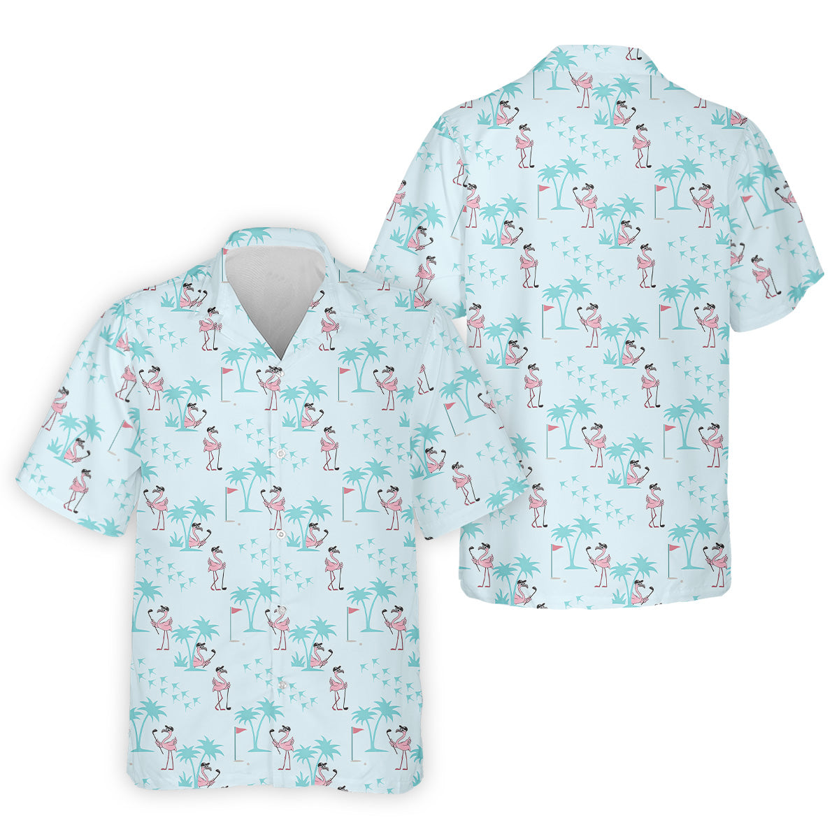 Tropical Flamingo Blue Golf Shirt, Short Sleeve Button Down, Men Polo, Golf Gift For Men