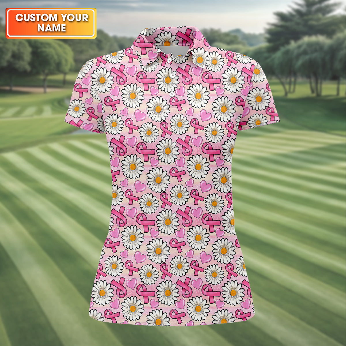 Daisy Pink Breast Cancer Golf Shirt, Women's Long Sleeve Golf Shirts, Ladies Golf Tops, Ladies Golf Polos