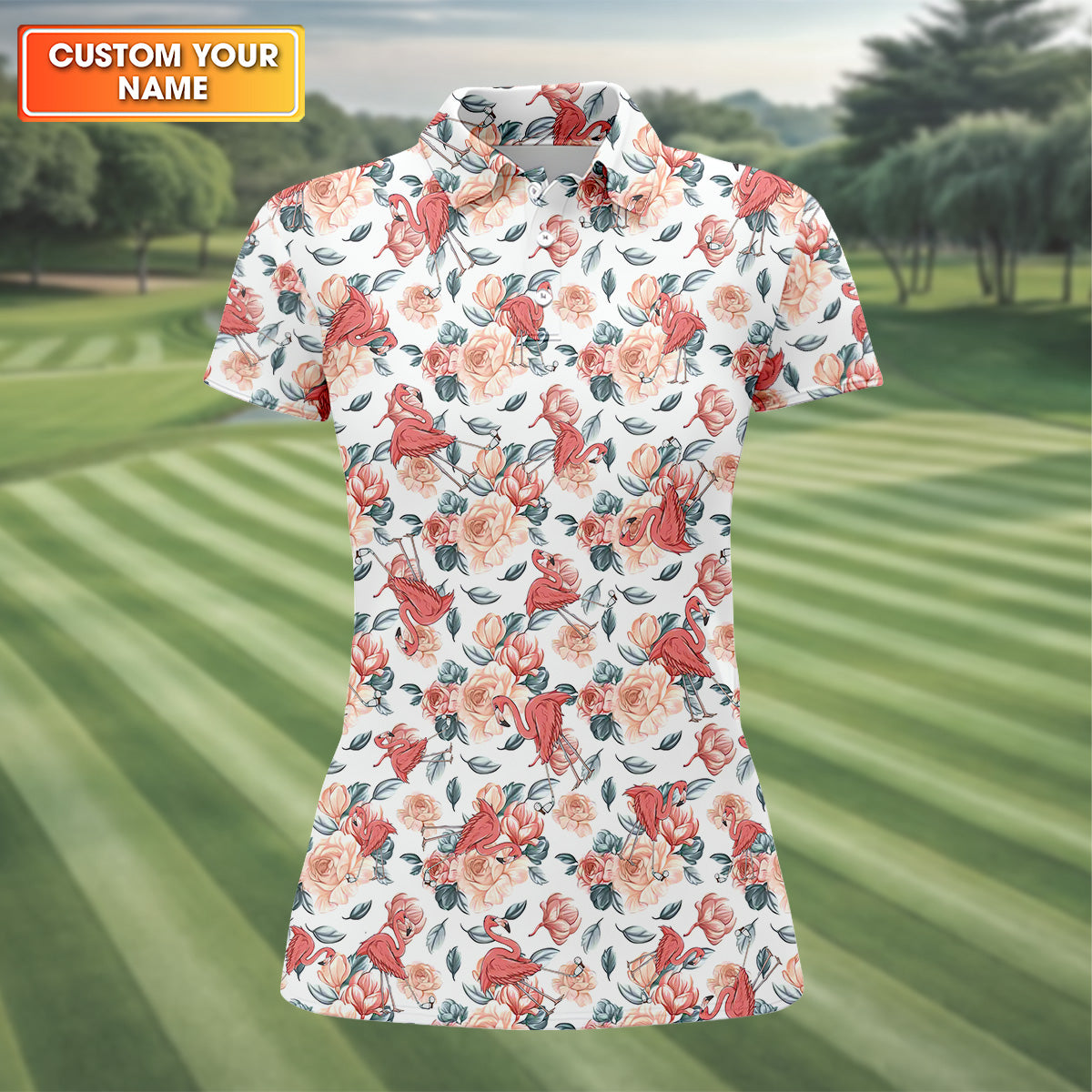 Floral Golf Shirt With Funny Flamingo, Womens Sleeveless Polo, Cute Golf Outfit, Pink Ladies Shirt