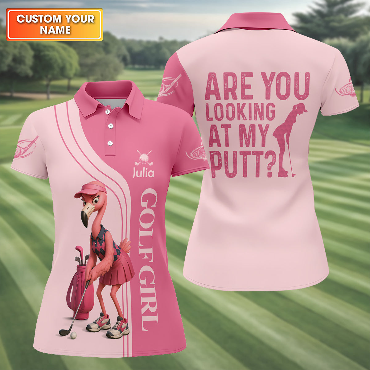 Are You Looking At My Putt Funny Flamingo Pink Golf Shirt, Ladies Golf Polos, Cool Golf Gift