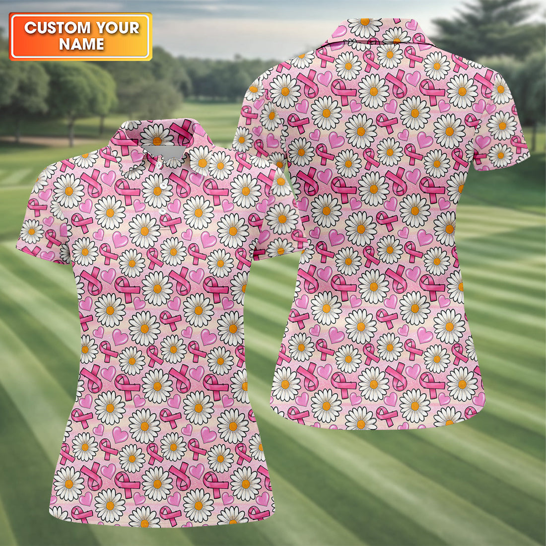 Daisy Pink Breast Cancer Golf Shirt, Women's Long Sleeve Golf Shirts, Ladies Golf Tops, Ladies Golf Polos