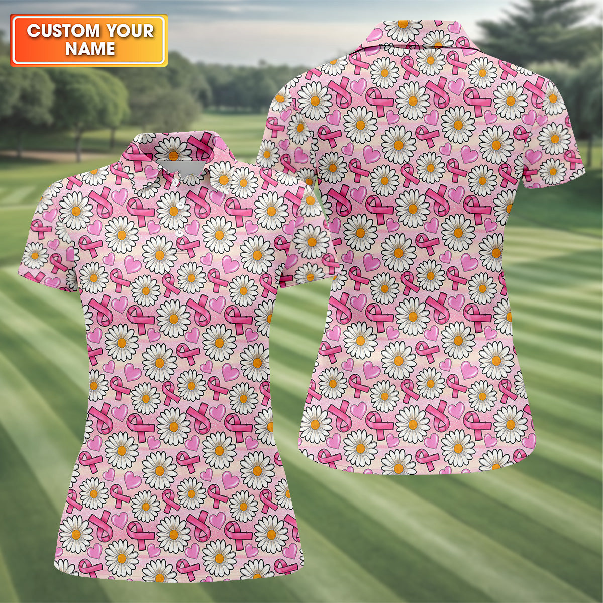 Daisy Pink Breast Cancer Golf Shirt, Women's Long Sleeve Golf Shirts, Ladies Golf Tops, Ladies Golf Polos