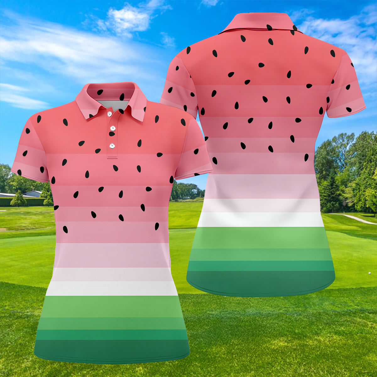 Watermelon Summer Fun Womens Golf Shirts, Pink Golf Shirt, Ladies Golf Shirts, Golfing Apparel