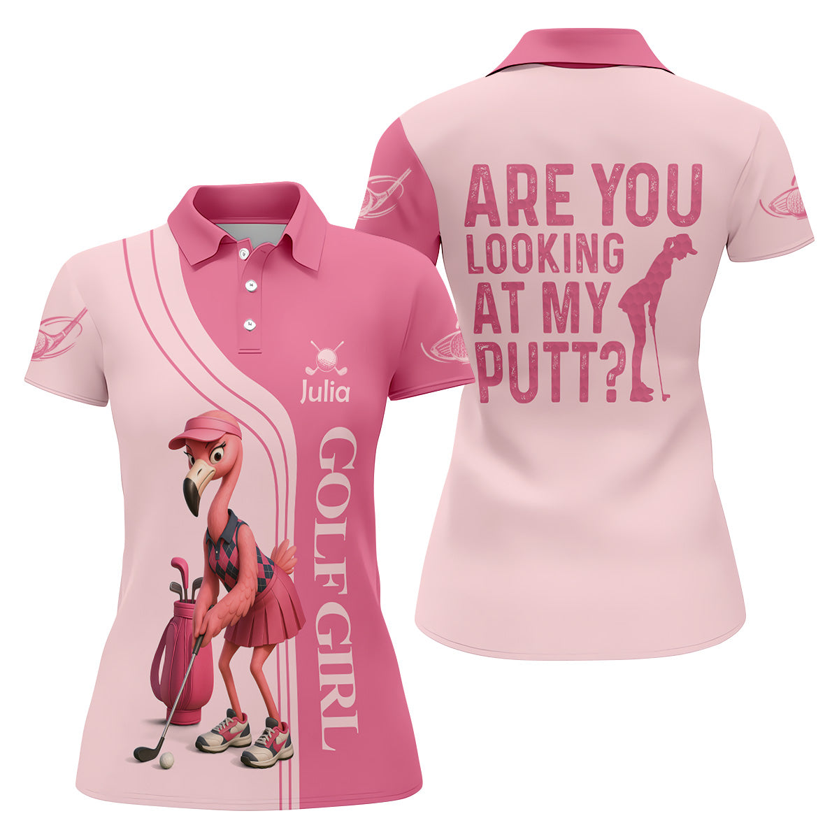 Are You Looking At My Putt Funny Flamingo Pink Golf Shirt, Ladies Golf Polos, Cool Golf Gift