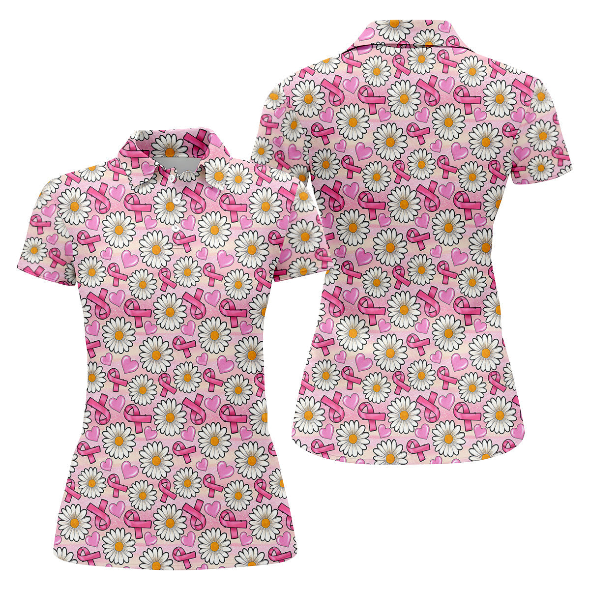 Daisy Pink Breast Cancer Golf Shirt, Women's Long Sleeve Golf Shirts, Ladies Golf Tops, Ladies Golf Polos