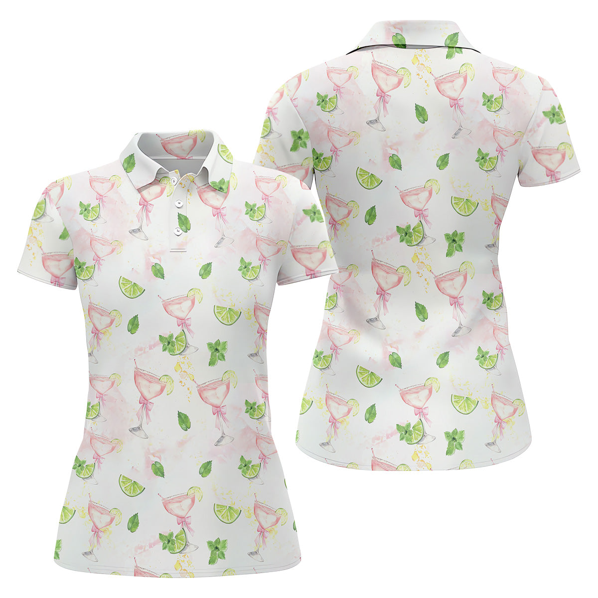 Margarita Ladies Golf Tops, Coquette Aesthetic Cocktail Womens Golf Tops, Pink Drink Patterned Golf Shirts