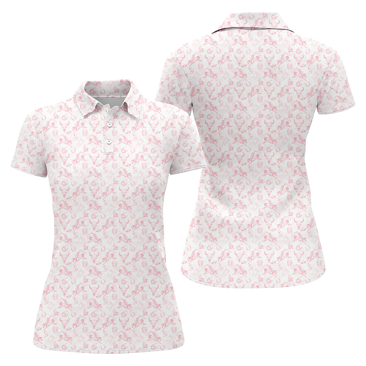 Pink Toile Chinoiserie Bow Western Golf Shirt, Cute Golf Outfit, Ladies Golf Polos, Golfing Apparel