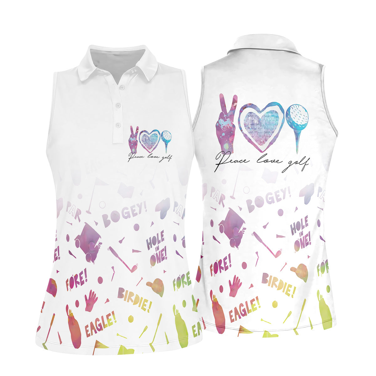 Peace Love Golf Watercolor Shirt, Womens Sleeveless Polo, Ladies Golf Shirts, Hole In One