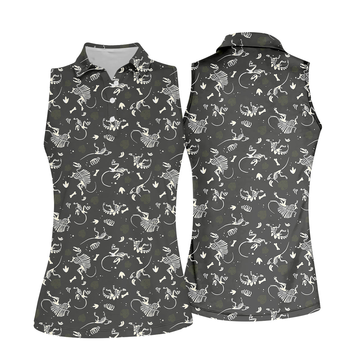 Dinosaur Golf Shirt, Funny Skeleton Patterned Golf Polos, Ladies Sleeveless Golf Shirts, Ladies Golf Shirts