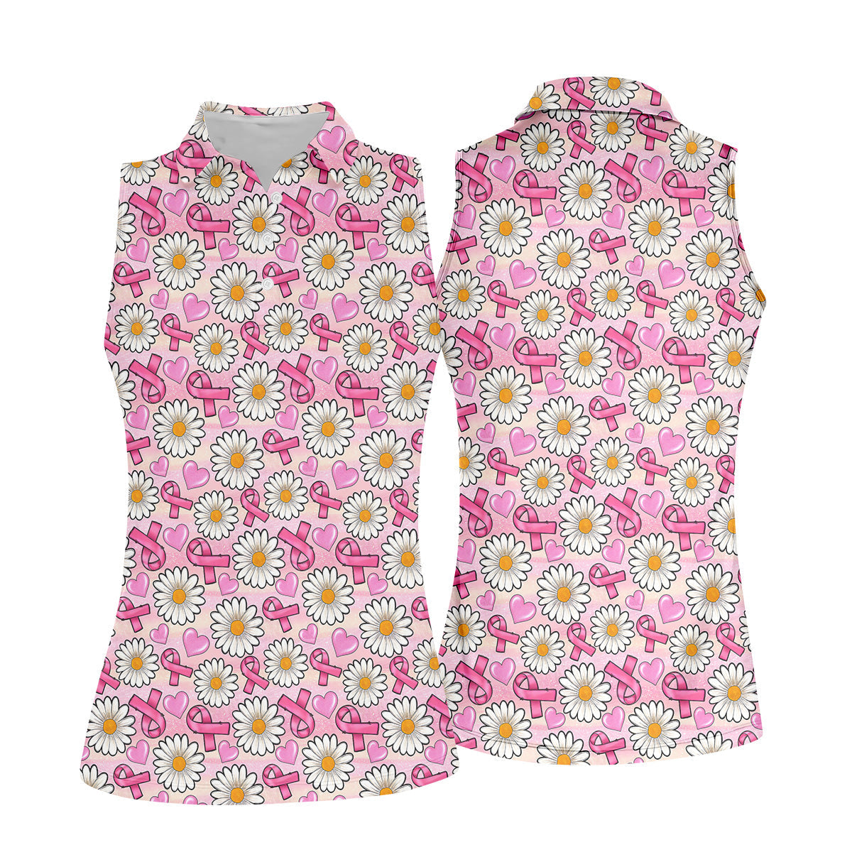 Daisy Pink Breast Cancer Golf Shirt, Women's Long Sleeve Golf Shirts, Ladies Golf Tops, Ladies Golf Polos