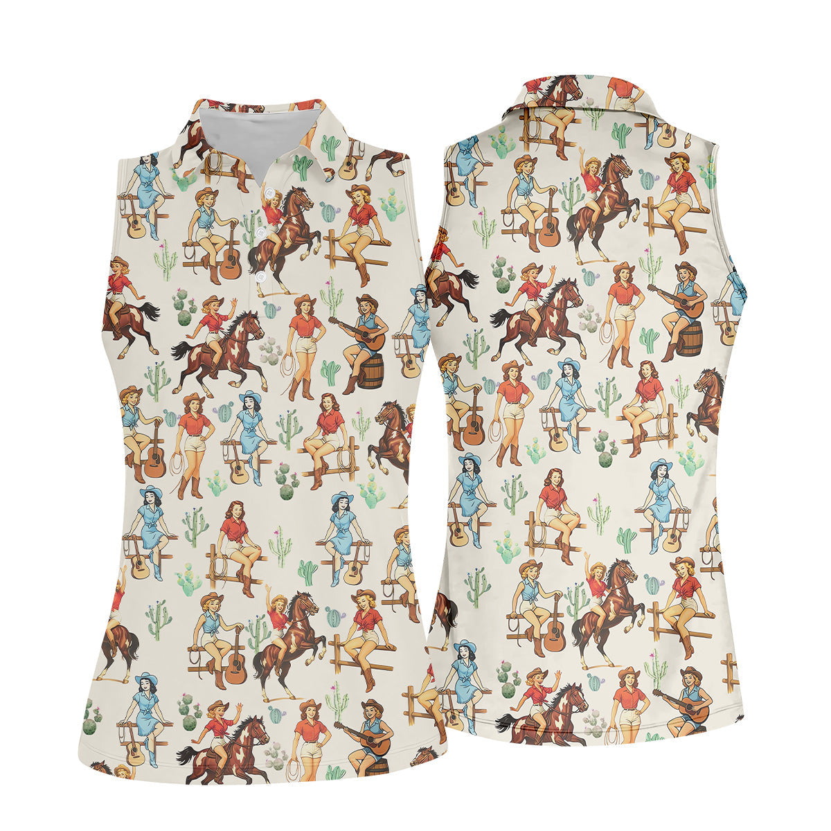 Beige Western Golf Shirts Women, Sleeveless Womens Golf Shirts, Funny Women's Golf Outfits