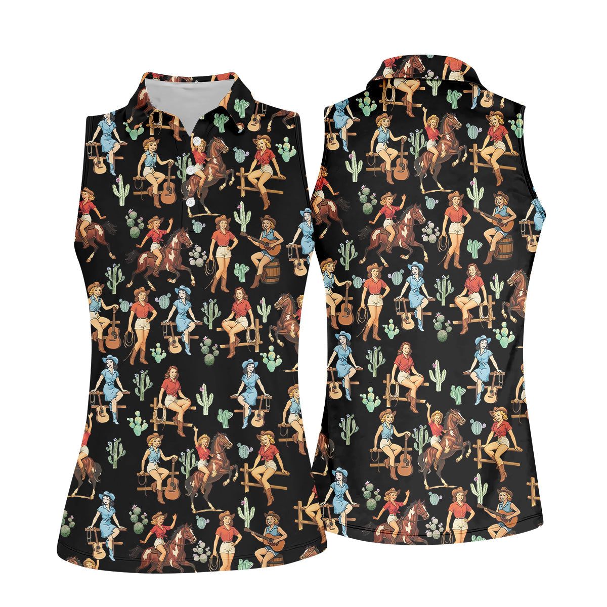 Cowgirl Sleeveless Womens Golf Shirts, Western Golf Shirts Women, Black Golf Shirt, Women Golf Top