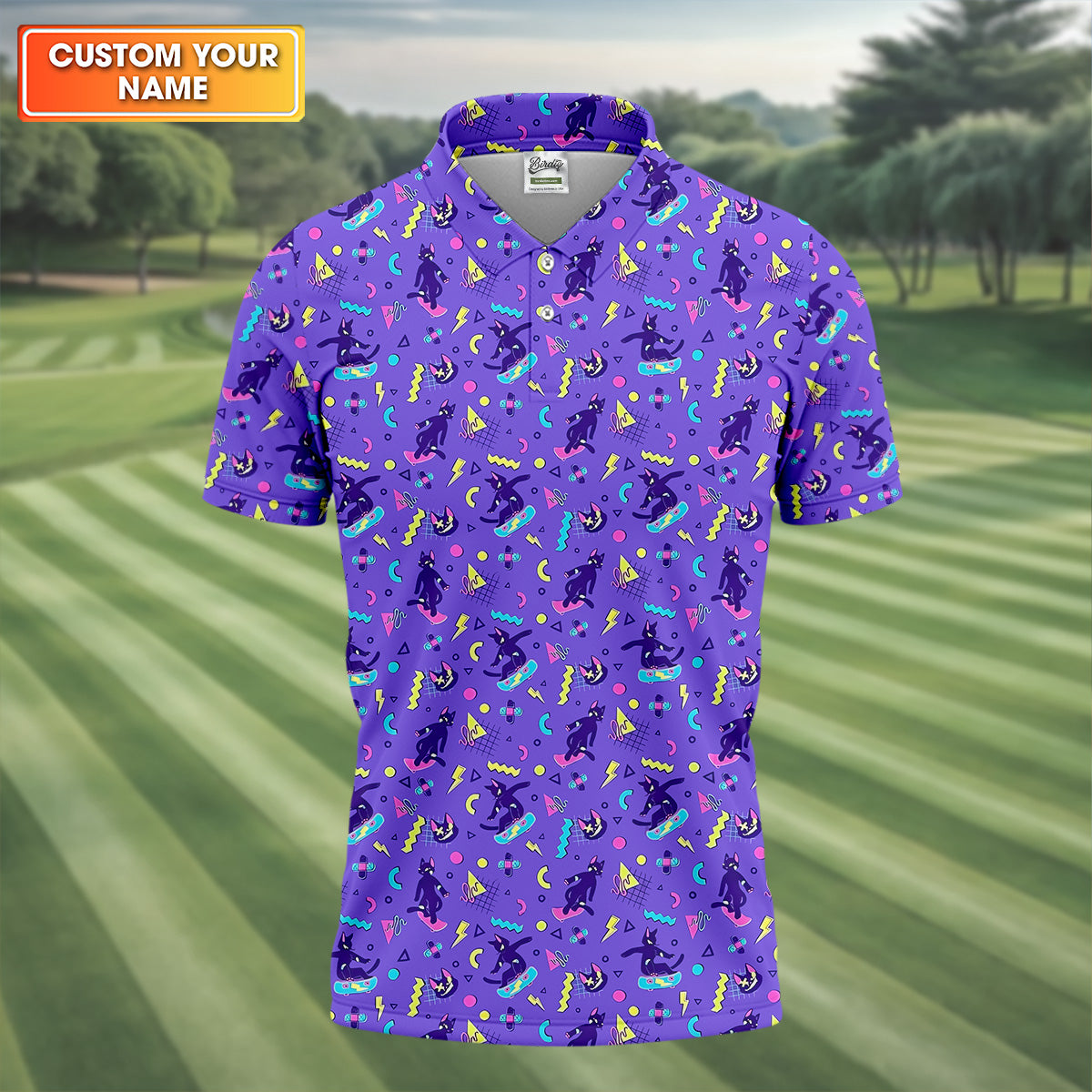 SK8R CAT Patterned Golf Polos, Mens Funny Golf Shirts, Long Sleeve Golf Shirts, Men Golf Polo