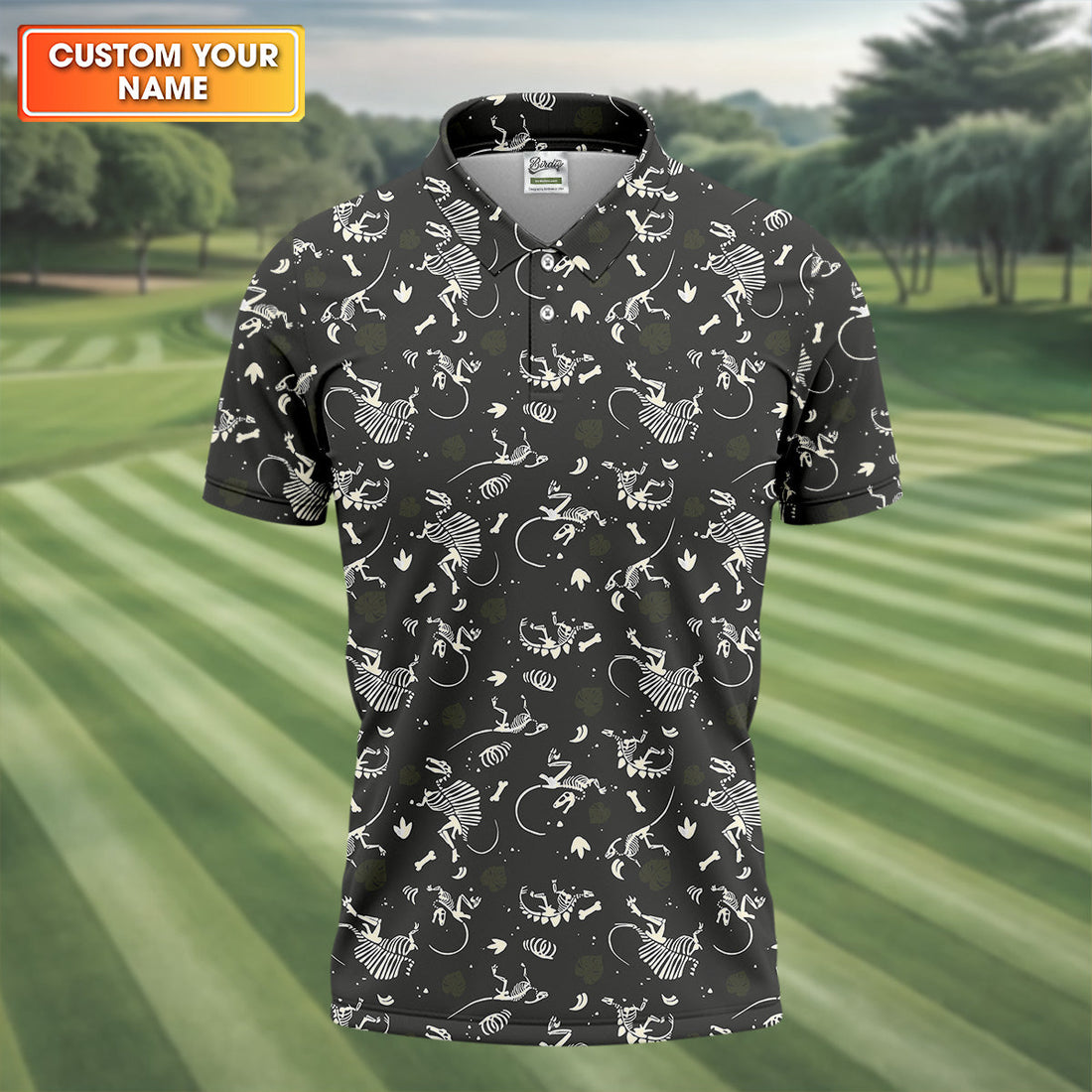 Dinosaur Golf Shirt, Funny Skeleton Patterned Golf Polos, Long Sleeve Golf Shirts, Men Golf Polo