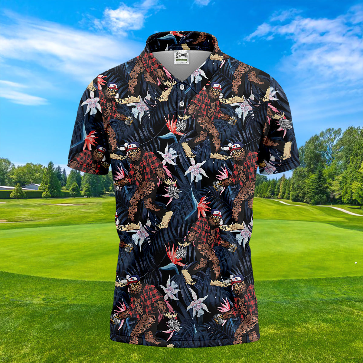 Abstract Floral Pattern Funny Bigfoot Shirt, Mens Golf Polo Shirts, Cool Golf Gifts, Golfing Apparel