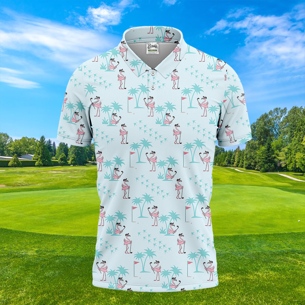 Tropical Flamingo Blue Golf Shirt, Short Sleeve Button Down, Men Polo, Golf Gift For Men