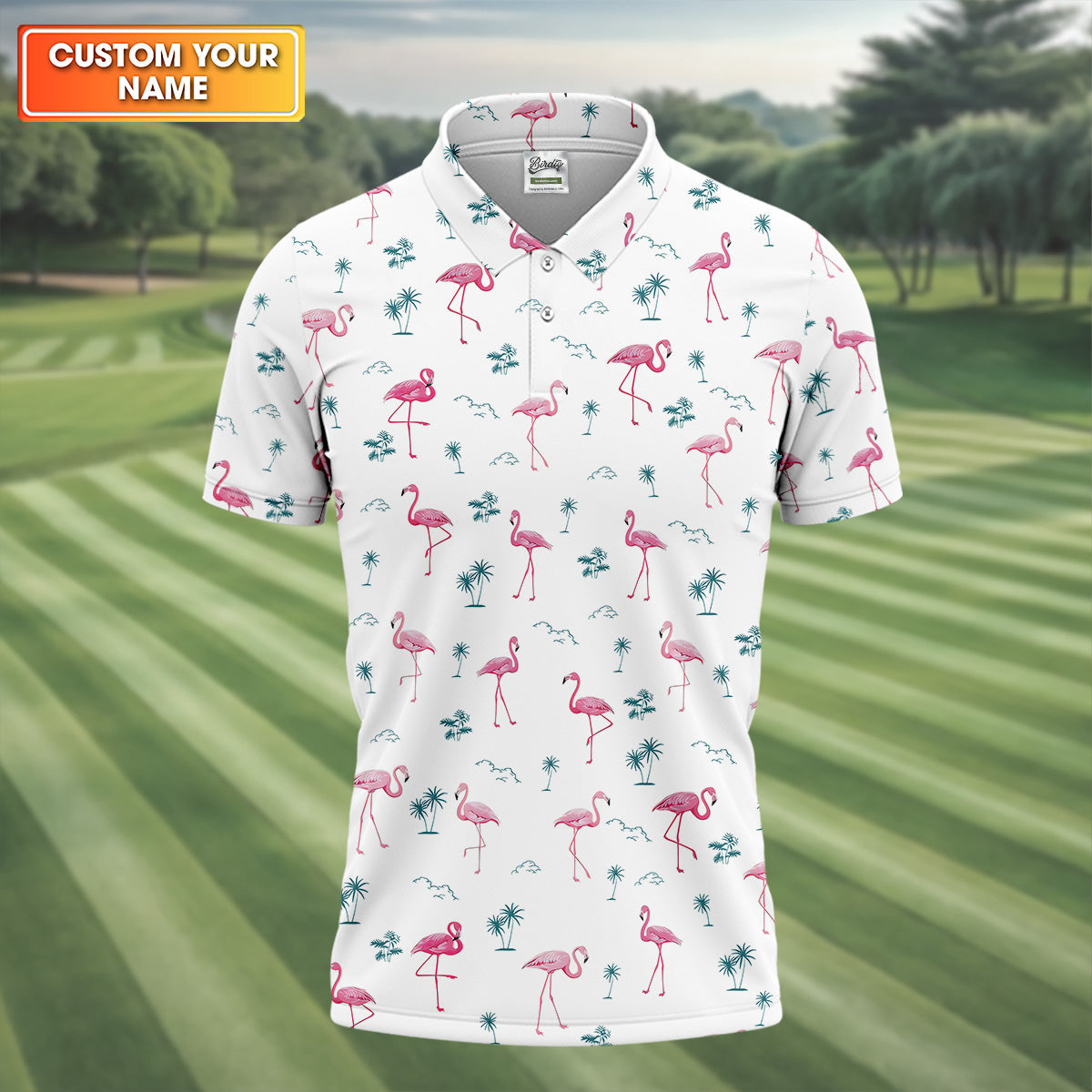 Flamingo Tropical White Polo Shirt Mens, Summer Polo Shirts, Unique Gift For Golfer