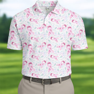 Pink Floral Breast Cancer Golf Shirt, Mens Golf Polo Shirts, White Polo Shirt Mens, Golfing Apparel