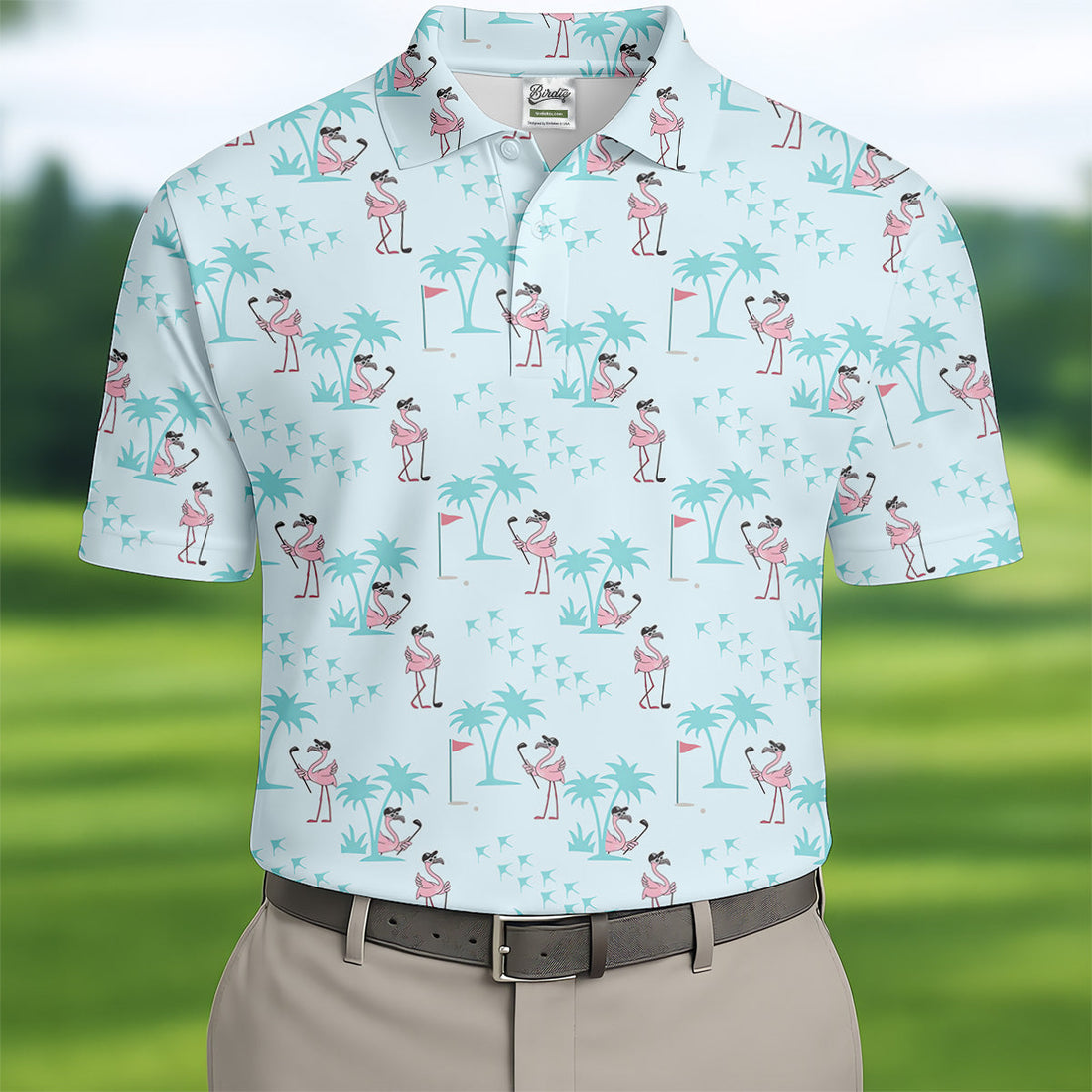 Tropical Flamingo Blue Golf Shirt, Short Sleeve Button Down, Men Polo, Golf Gift For Men