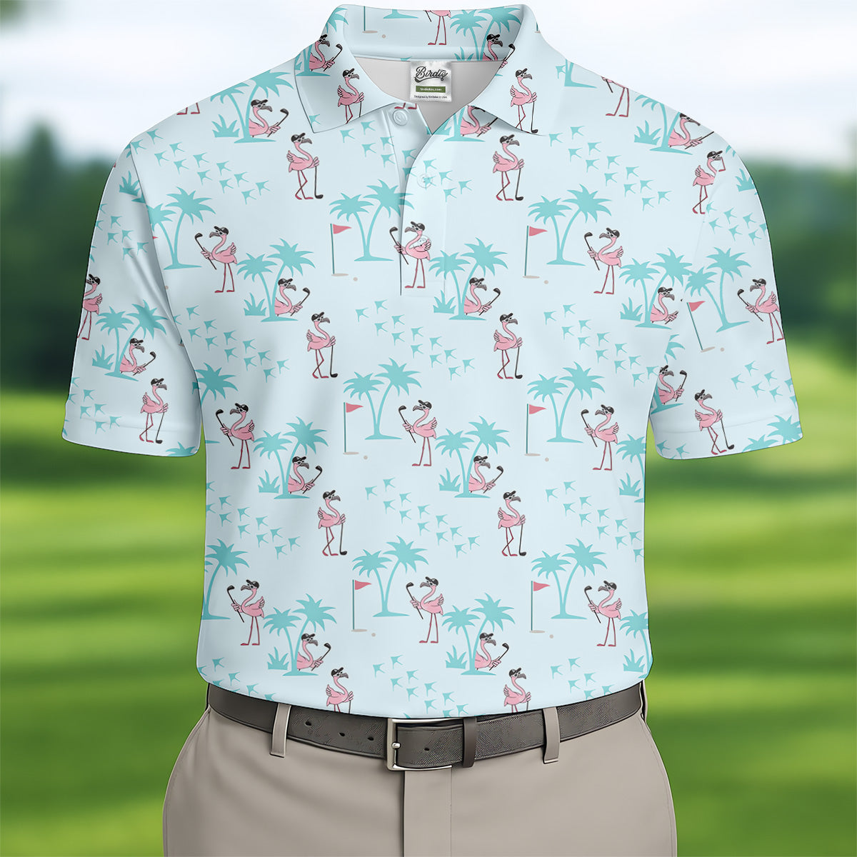 Tropical Flamingo Blue Golf Shirt, Short Sleeve Button Down, Men Polo, Golf Gift For Men