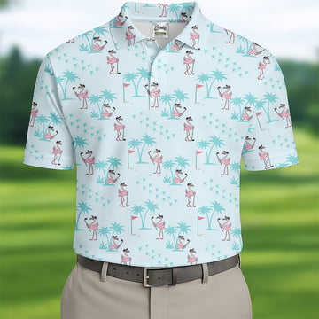 Tropical Flamingo Blue Golf Shirt, Short Sleeve Button Down, Men Polo, Golf Gift For Men