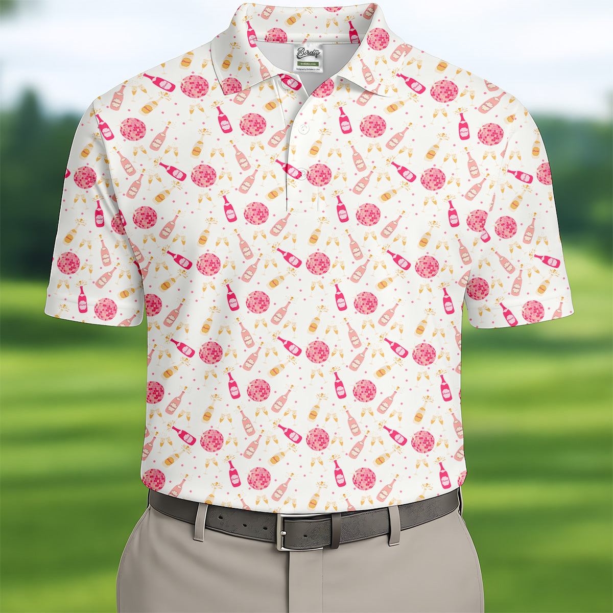 Champagne Pink Mens Pink Golf Polo, Bachelorette Shirts, Fun Golf Shirts For Men, Golfing Apparel
