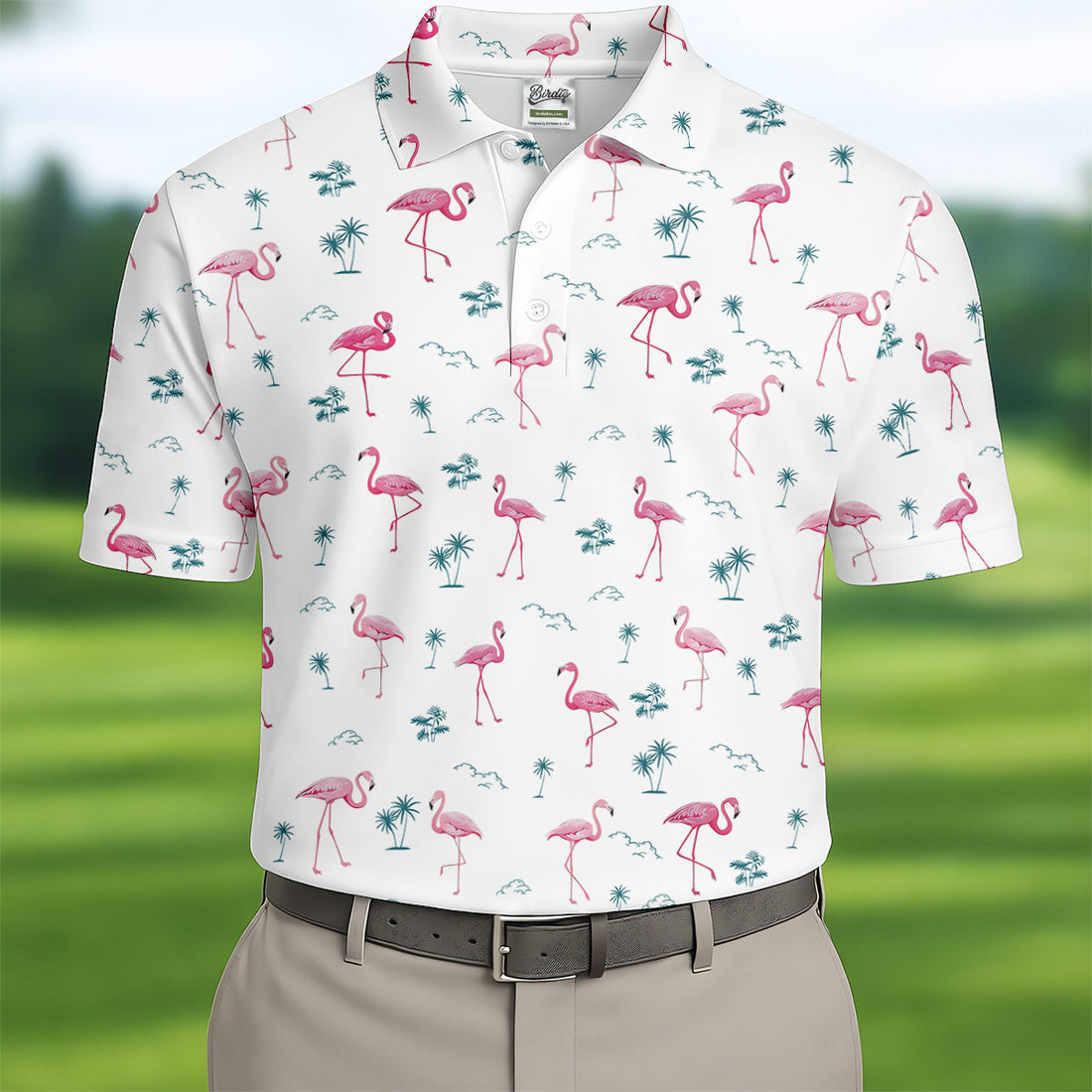 Flamingo Tropical White Polo Shirt Mens, Summer Polo Shirts, Unique Gift For Golfer