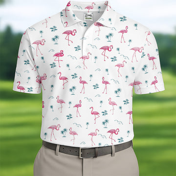Flamingo Tropical White Polo Shirt Mens, Summer Polo Shirts, Unique Gift For Golfer