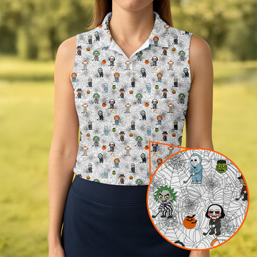 Funny Horror Character White Golf Polo Shirt, Horror Movie Shirt, Halloween Golf Shirt, Womens Golf Polo