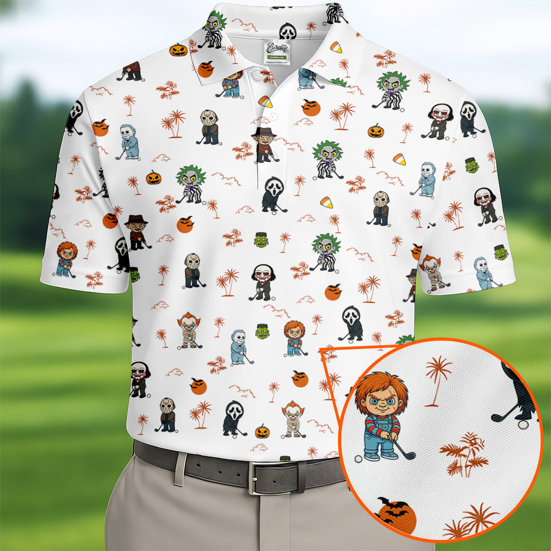 Horror Halloween Character Tropical Golf Shirt, Halloween Polo Shirts, Mens White Polo, Golfing Apparel