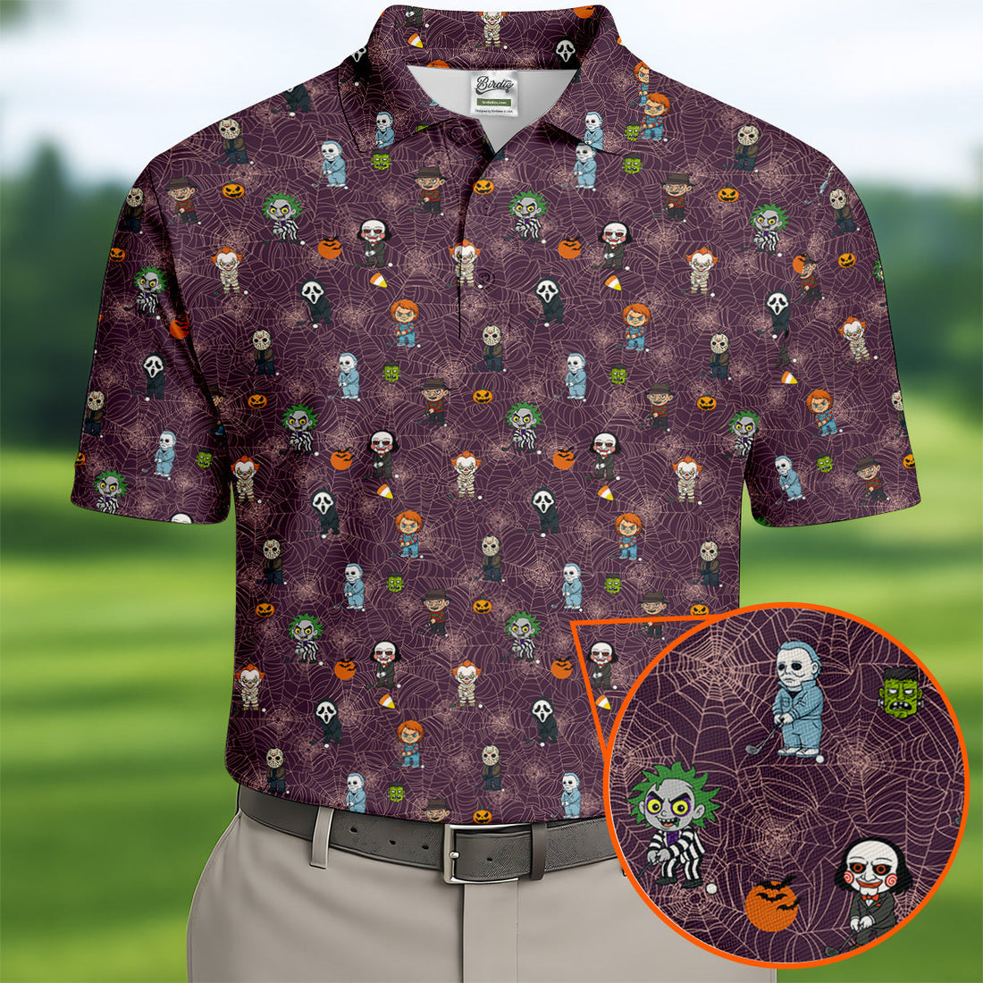 Funny Horror Character Purple Golf Polo Shirt, Horror Movie Shirt, Halloween Golf Shirt, Fun Golf Polos For Men