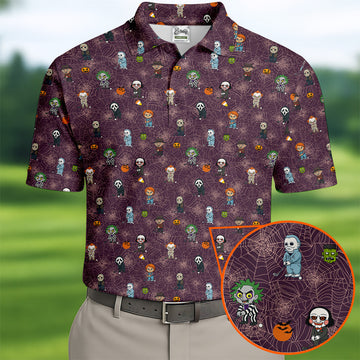 Funny Horror Character Purple Golf Polo Shirt, Horror Movie Shirt, Halloween Golf Shirt, Fun Golf Polos For Men