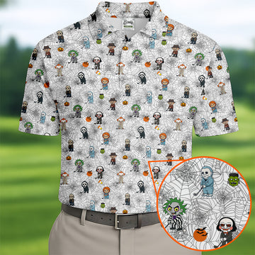 Funny Horror Character White Golf Polo Shirt, Horror Movie Shirt, Halloween Golf Shirt, Fun Golf Polos For Men