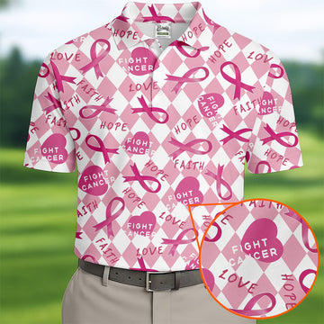 Faith Hope Fight Cancer Men's Golf Shirt, Breast Cancer Awareness Shirt, Golf Shirts For Men