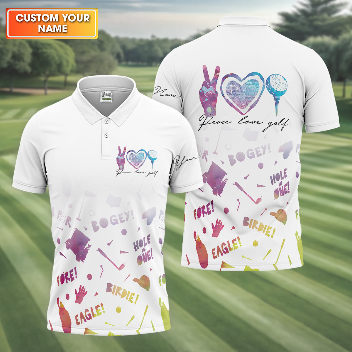 Peace Love Golf Watercolor Shirt, White Polo Shirt Mens, Golf Accessories For Men, Hole In One