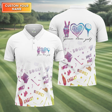 Peace Love Golf Watercolor Shirt, White Polo Shirt Mens, Golf Accessories For Men, Hole In One