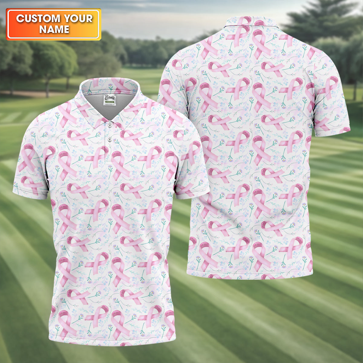 Pink Floral Breast Cancer Golf Shirt, Mens Golf Polo Shirts, White Polo Shirt Mens, Golfing Apparel