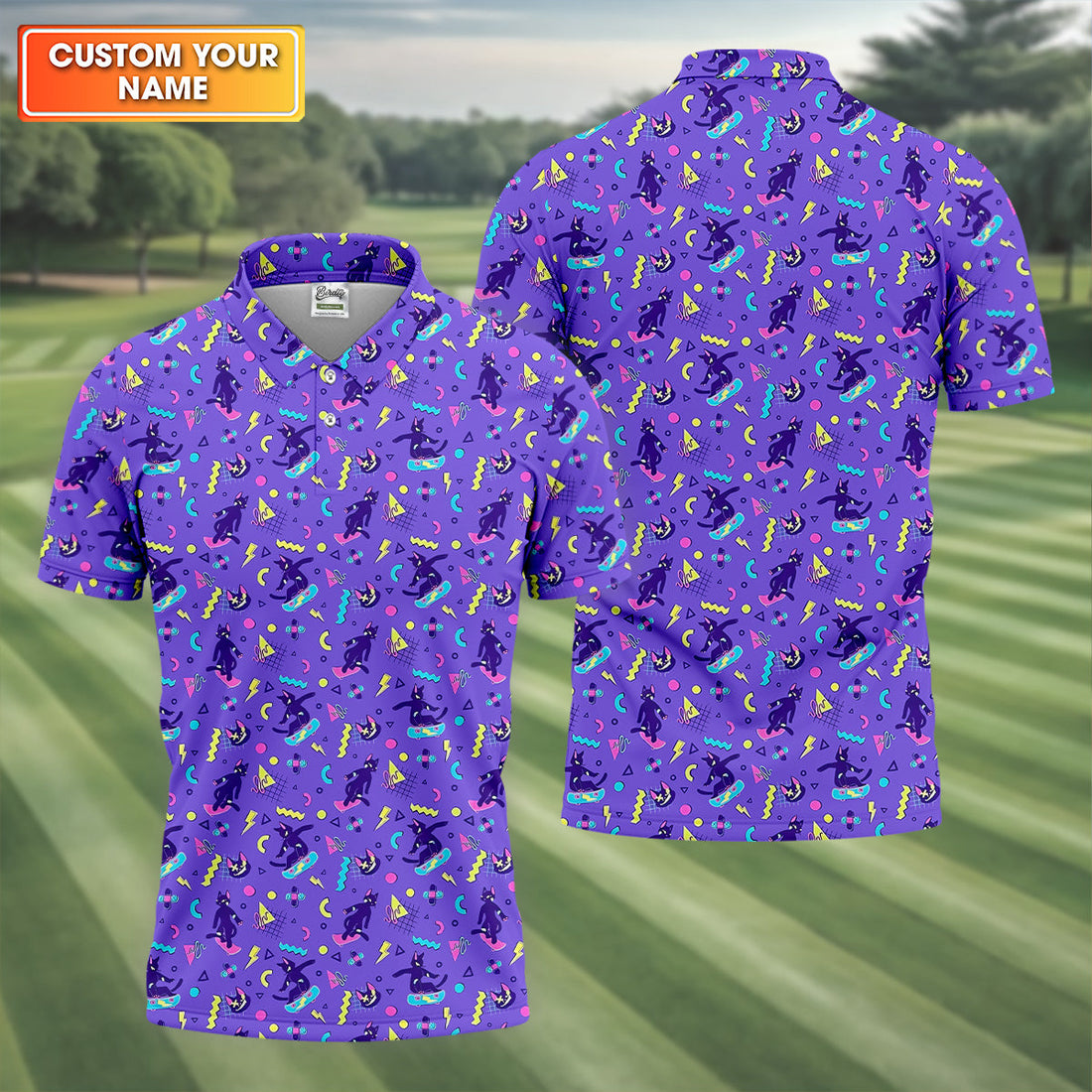 SK8R CAT Patterned Golf Polos, Mens Funny Golf Shirts, Long Sleeve Golf Shirts, Men Golf Polo