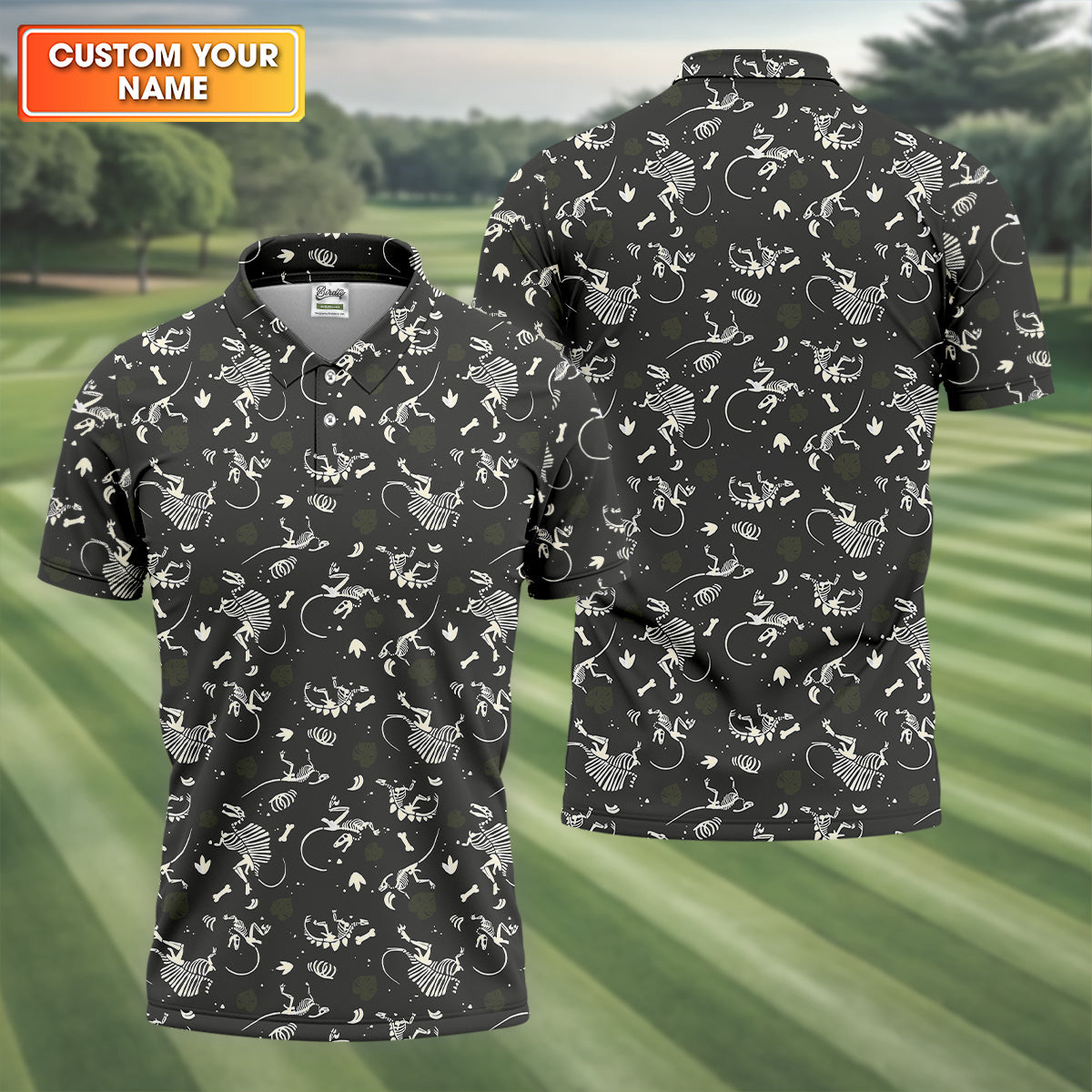 Dinosaur Golf Shirt, Funny Skeleton Patterned Golf Polos, Long Sleeve Golf Shirts, Men Golf Polo