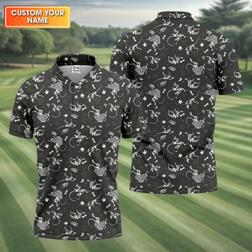 Dinosaur Golf Shirt, Funny Skeleton Patterned Golf Polos, Long Sleeve Golf Shirts, Men Golf Polo
