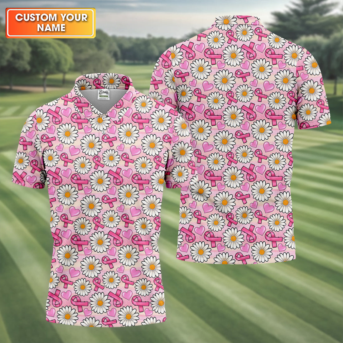Daisy Pink Breast Cancer Golf Shirt, Mens Golf Polo Shirts, White Polo Shirt Mens, Golfing Apparel