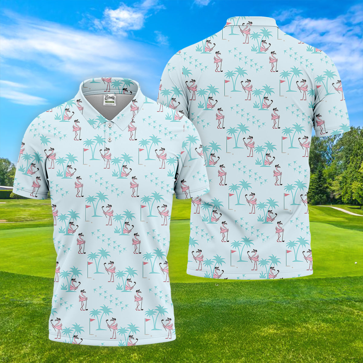Tropical Flamingo Blue Golf Shirt, Short Sleeve Button Down, Men Polo, Golf Gift For Men