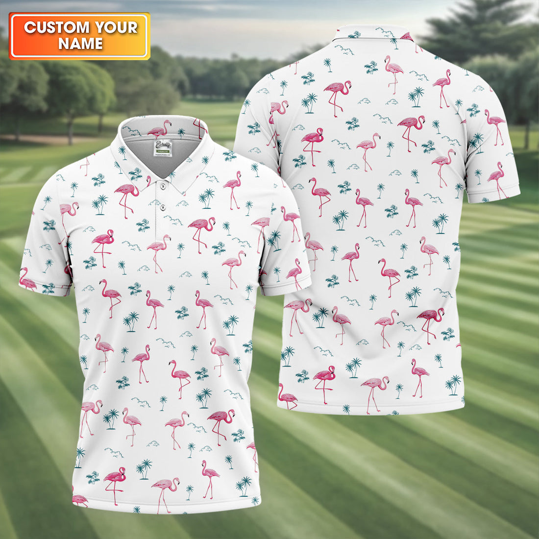 Flamingo Tropical White Polo Shirt Mens, Summer Polo Shirts, Unique Gift For Golfer