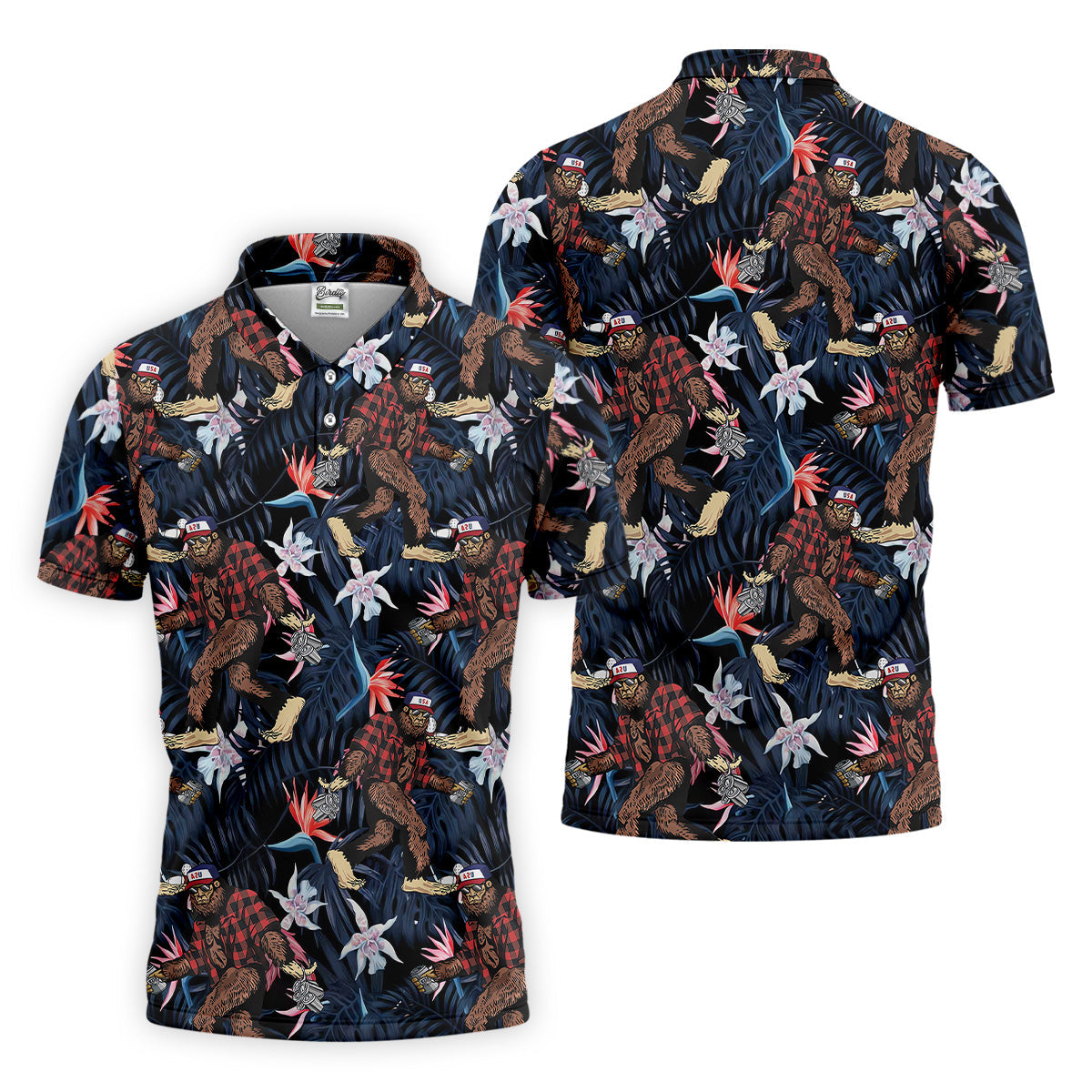 Abstract Floral Pattern Funny Bigfoot Shirt, Mens Golf Polo Shirts, Cool Golf Gifts, Golfing Apparel