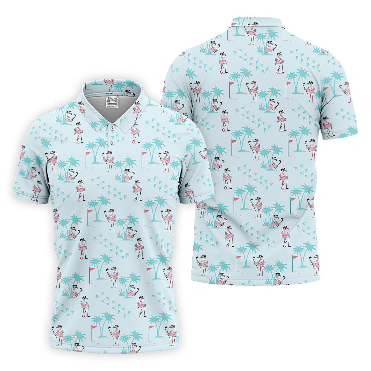 Tropical Flamingo Blue Golf Shirt, Short Sleeve Button Down, Men Polo, Golf Gift For Men