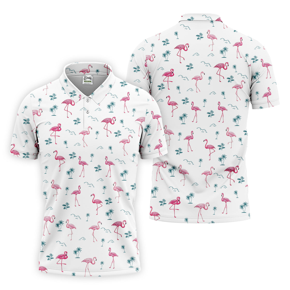Flamingo Tropical White Polo Shirt Mens, Summer Polo Shirts, Unique Gift For Golfer