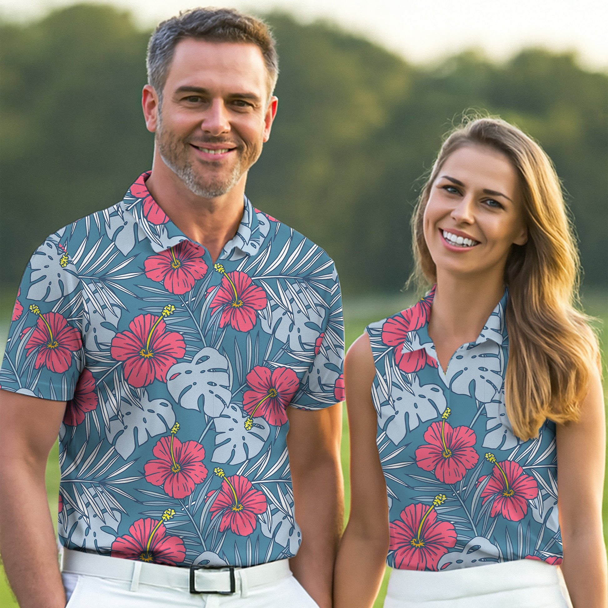 Hibiscus Flower And Leaf Patterned Golf Shirts, Men Golf Polo, Hawaiian Polo Golf Shirts, Matching Golf Shirts