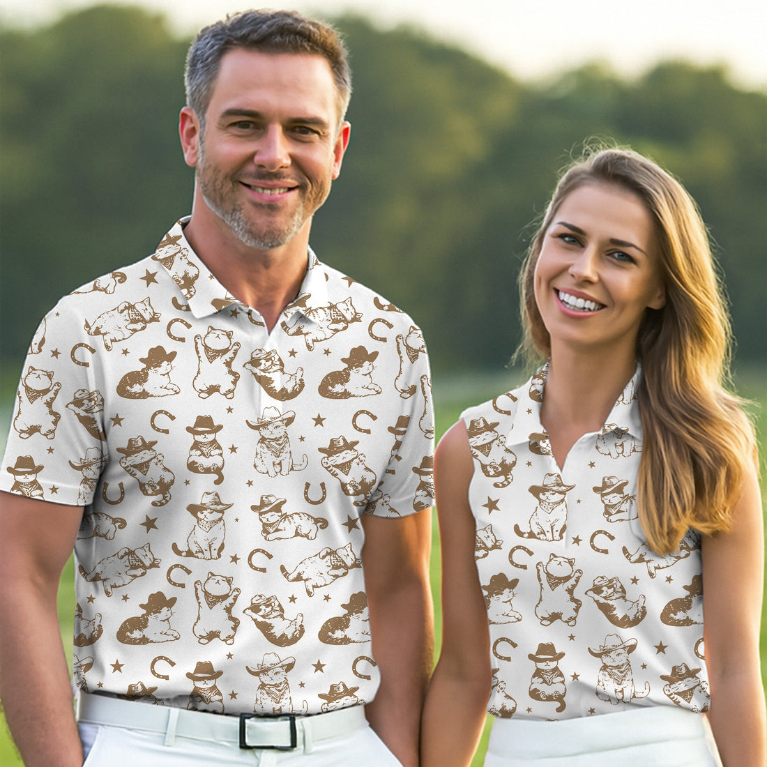 Western Cat Pattern Men Golf Polo, Golf Presents For Him, Men Golf Polo, Matching Golf Shirts For Couples