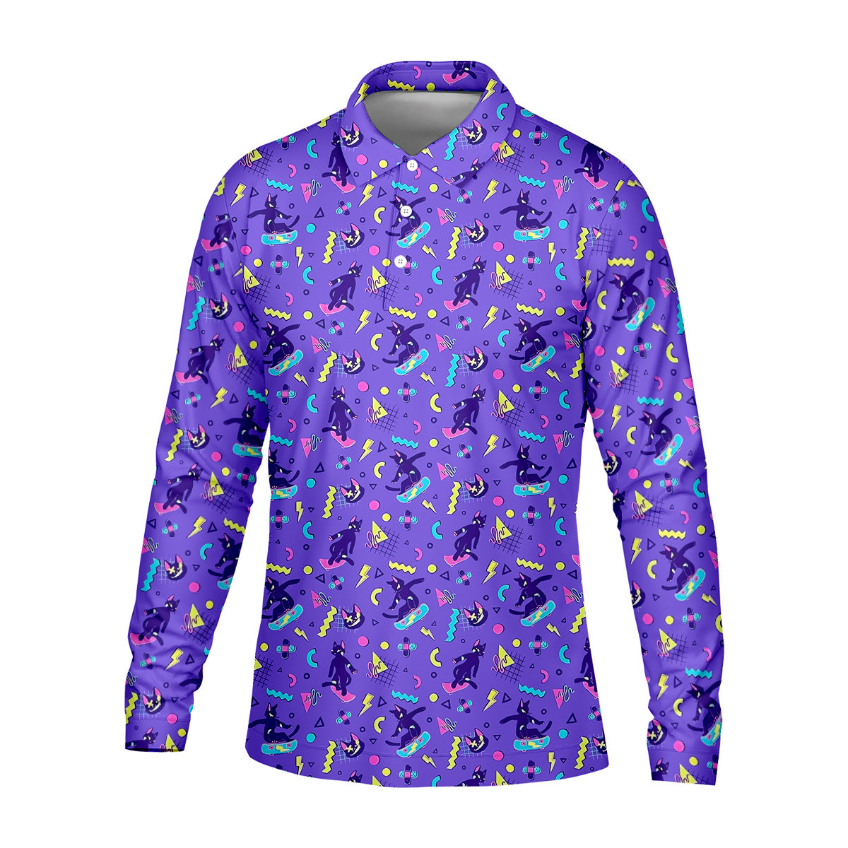 SK8R CAT Patterned Golf Polos, Mens Funny Golf Shirts, Long Sleeve Golf Shirts, Men Golf Polo