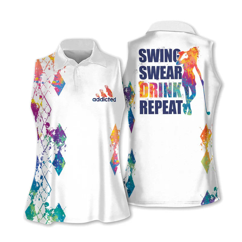 Swing Swear Drink Repeat Sleeveless Golf Shirts For Women, Womens Funny Golf Shirts, Custom Ladies Golf Shirt